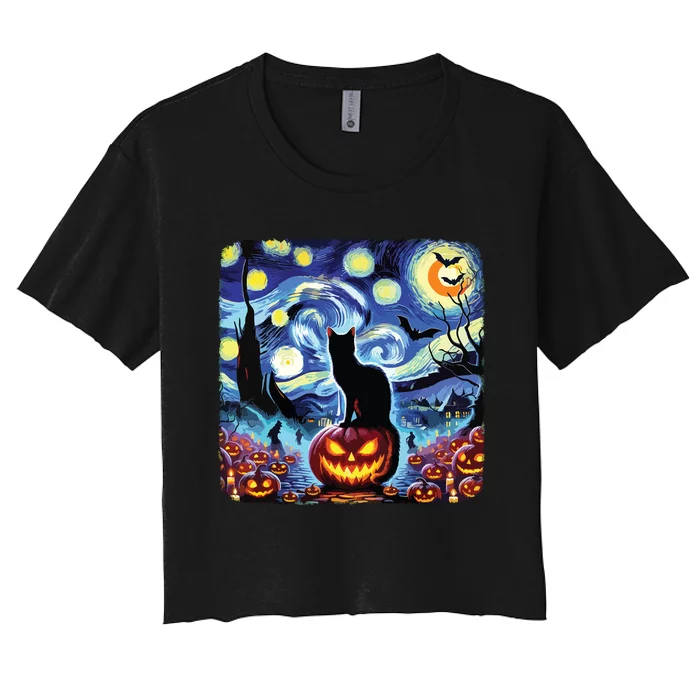 Halloween Van Gogh Starry Night Black Cat Pumpkins Bats Women's Crop Top Tee