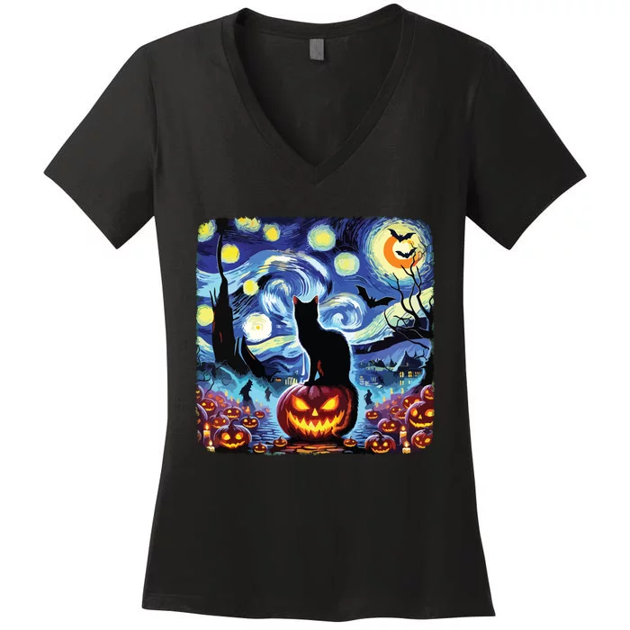 Halloween Van Gogh Starry Night Black Cat Pumpkins Bats Women's V-Neck T-Shirt