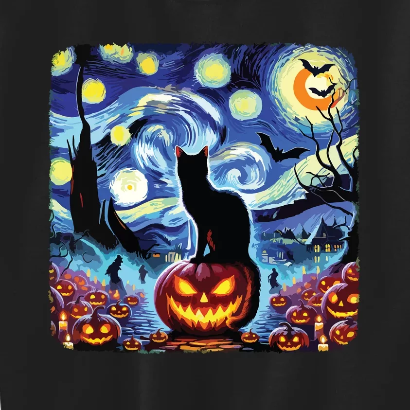 Halloween Van Gogh Starry Night Black Cat Pumpkins Bats Kids Sweatshirt