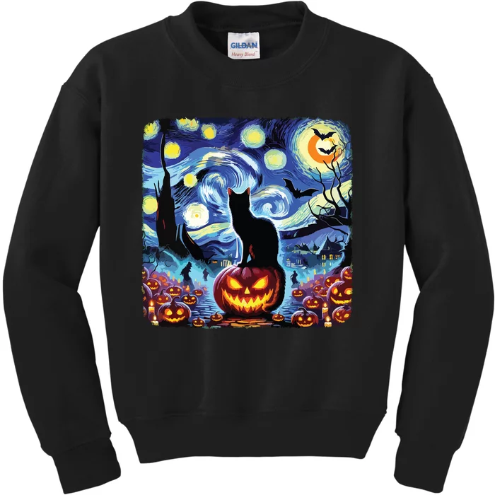 Halloween Van Gogh Starry Night Black Cat Pumpkins Bats Kids Sweatshirt