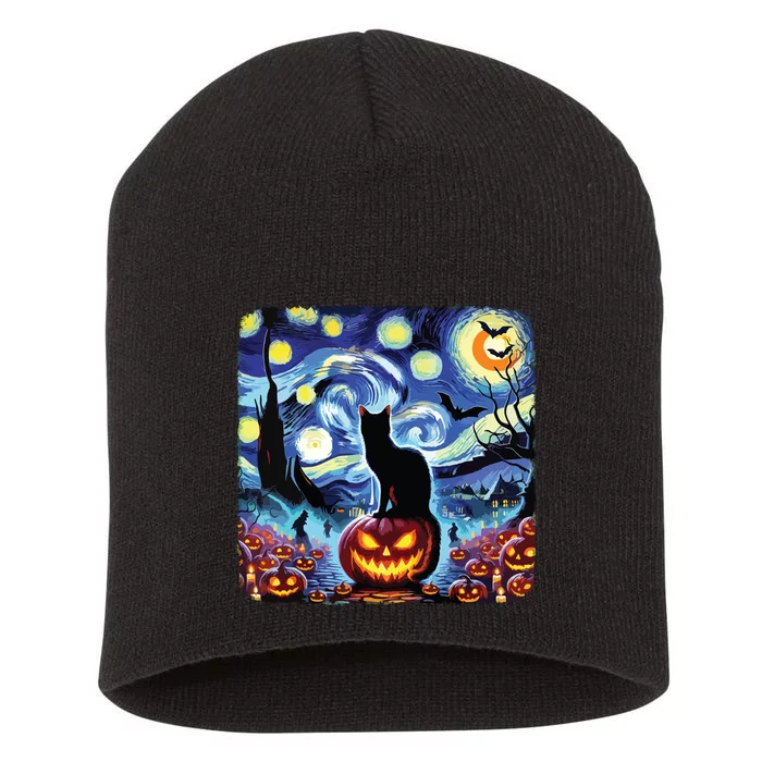 Halloween Van Gogh Starry Night Black Cat Pumpkins Bats Short Acrylic Beanie