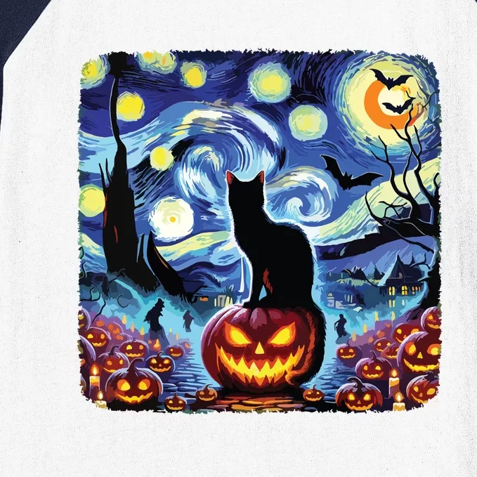 Halloween Van Gogh Starry Night Black Cat Pumpkins Bats Baseball Sleeve Shirt