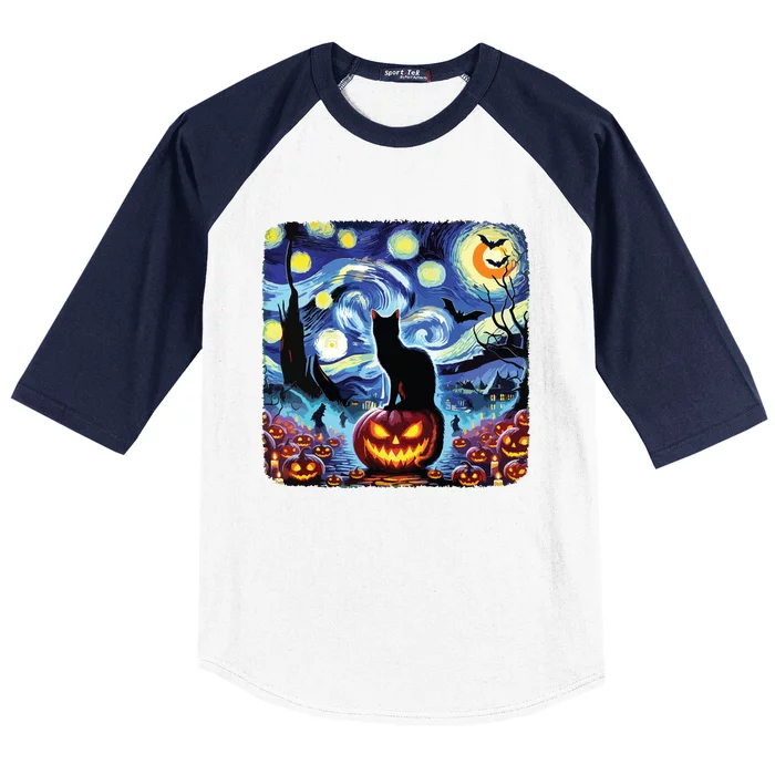 Halloween Van Gogh Starry Night Black Cat Pumpkins Bats Baseball Sleeve Shirt