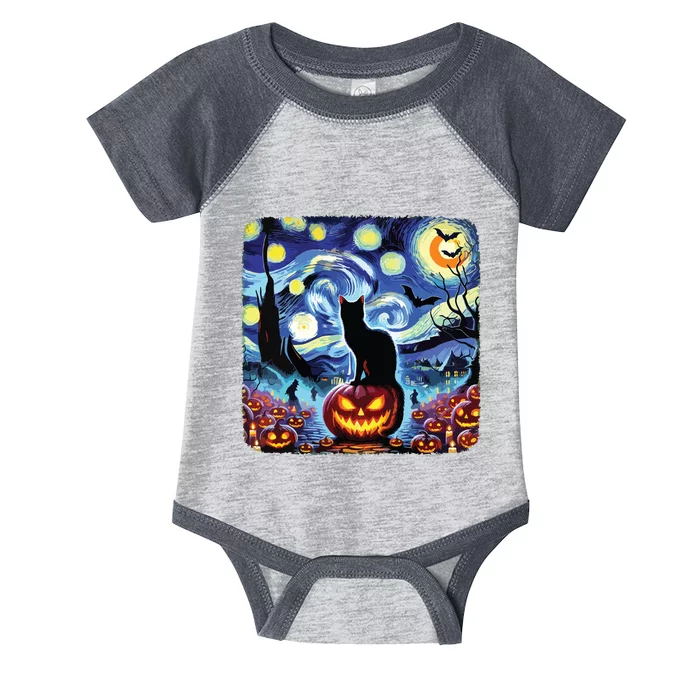 Halloween Van Gogh Starry Night Black Cat Pumpkins Bats Infant Baby Jersey Bodysuit