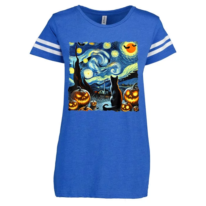 Halloween Van Gogh Starry Night Black Cat Enza Ladies Jersey Football T-Shirt