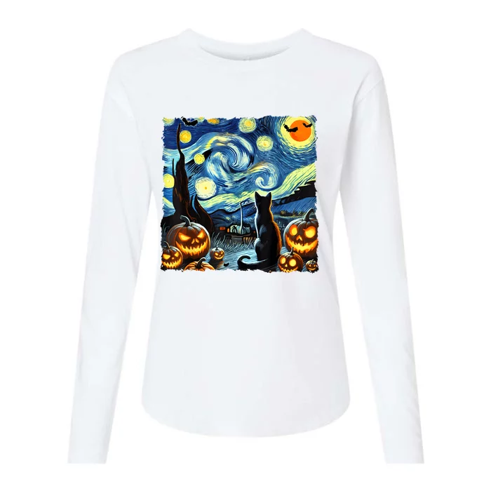 Halloween Van Gogh Starry Night Black Cat Womens Cotton Relaxed Long Sleeve T-Shirt