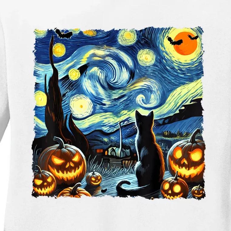 Halloween Van Gogh Starry Night Black Cat Ladies Long Sleeve Shirt