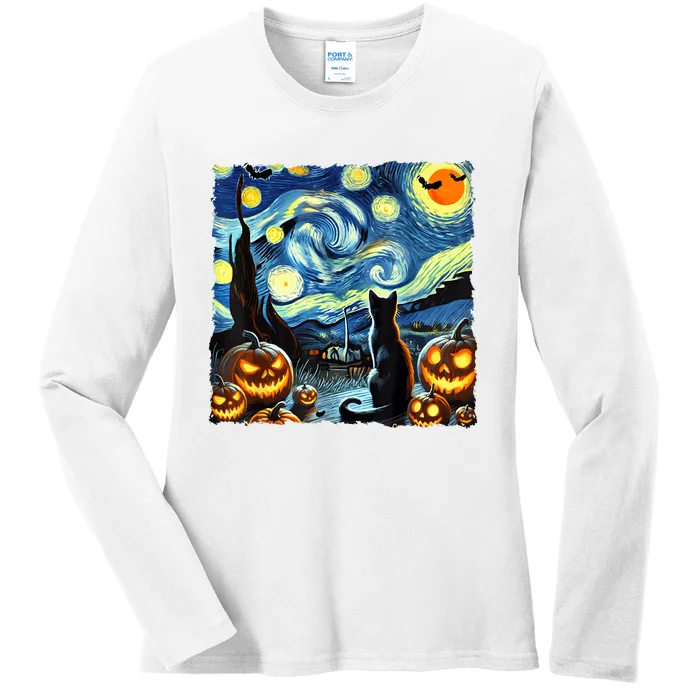 Halloween Van Gogh Starry Night Black Cat Ladies Long Sleeve Shirt