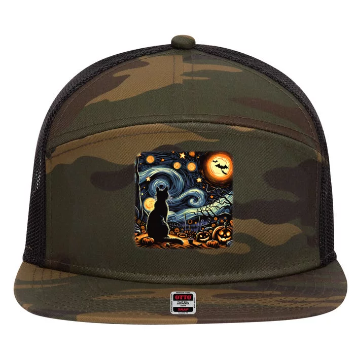 Halloween Van Gogh Starry Night Black Cat Pumpkins Bat 7 Panel Mesh Trucker Snapback Hat