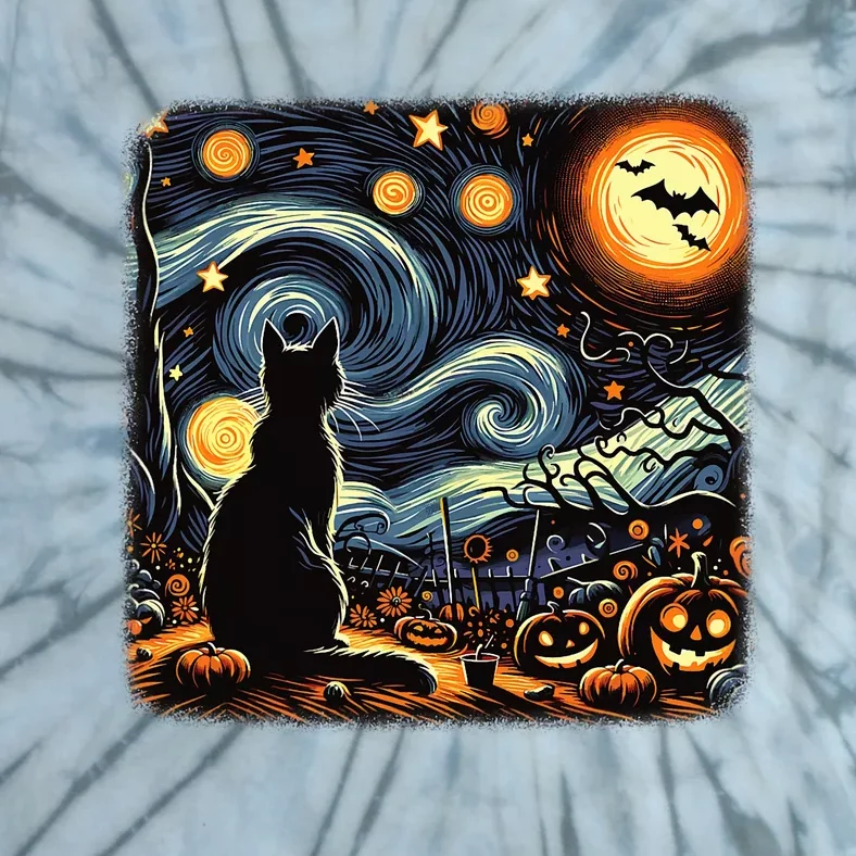 Halloween Van Gogh Starry Night Black Cat Pumpkins Bat Tie-Dye T-Shirt