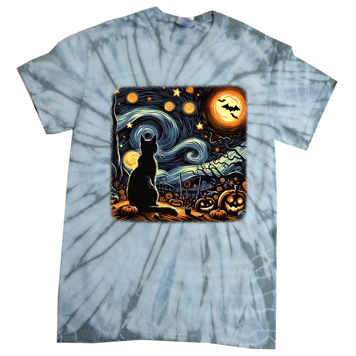 Halloween Van Gogh Starry Night Black Cat Pumpkins Bat Tie-Dye T-Shirt