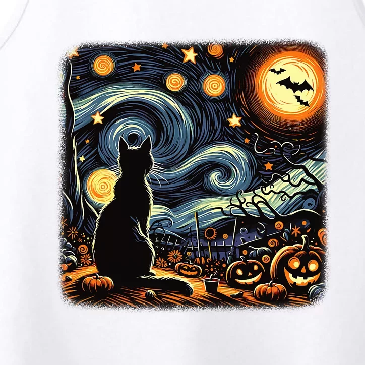 Halloween Van Gogh Starry Night Black Cat Pumpkins Bat Performance Tank