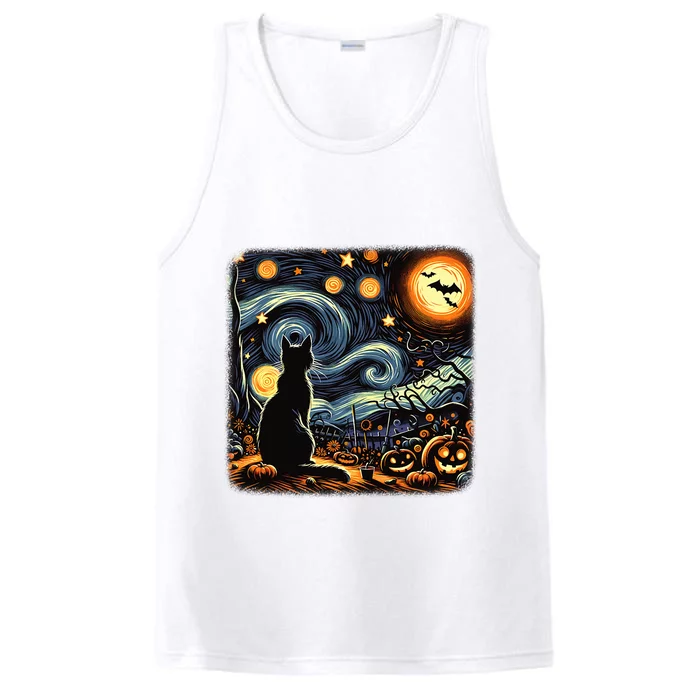 Halloween Van Gogh Starry Night Black Cat Pumpkins Bat Performance Tank