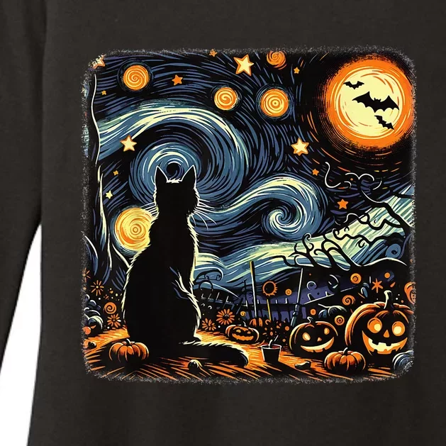 Halloween Van Gogh Starry Night Black Cat Pumpkins Bats Womens CVC Long Sleeve Shirt