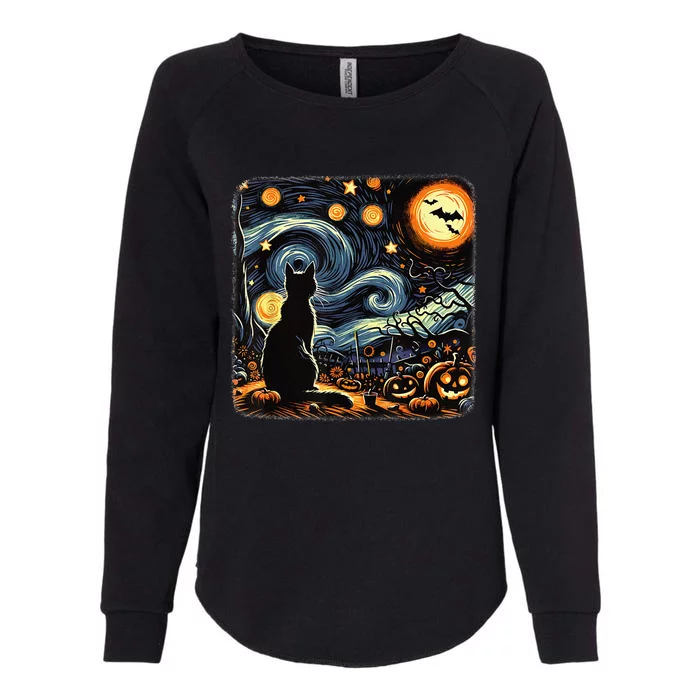 Halloween Van Gogh Starry Night Black Cat Pumpkins Bats Womens California Wash Sweatshirt