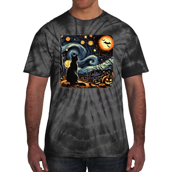 Halloween Van Gogh Starry Night Black Cat Pumpkins Bats Tie-Dye T-Shirt