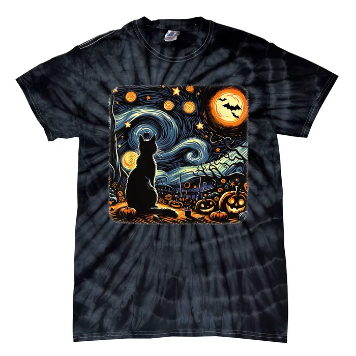 Halloween Van Gogh Starry Night Black Cat Pumpkins Bats Tie-Dye T-Shirt