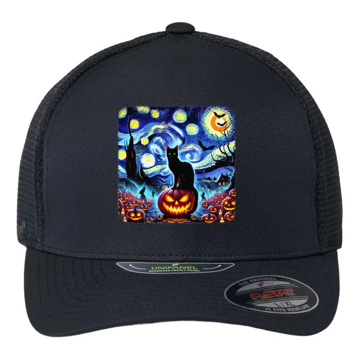 Halloween Van Gogh Starry Night Black Cat Pumpkins Bats Gift Flexfit Unipanel Trucker Cap