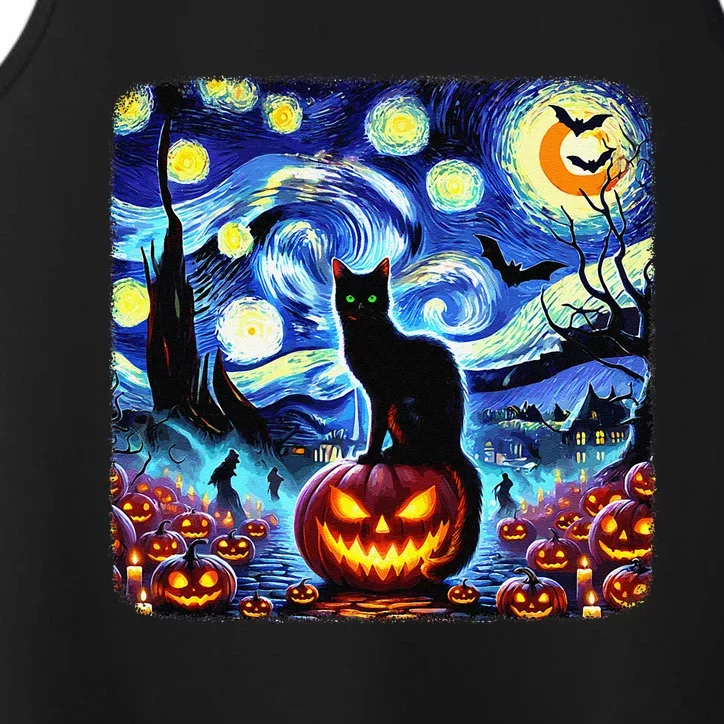 Halloween Van Gogh Starry Night Black Cat Pumpkins Bats Gift Performance Tank