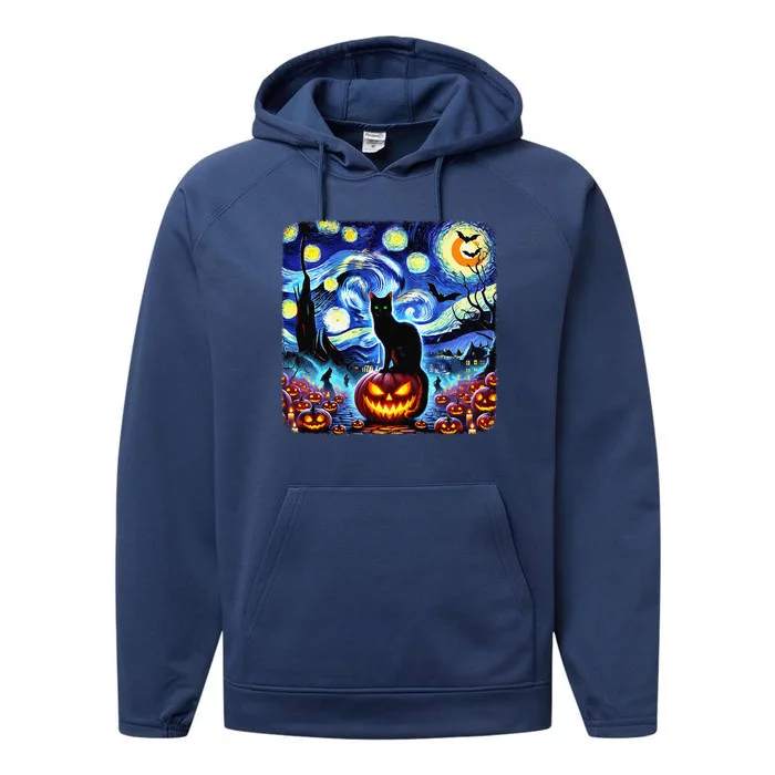 Halloween Van Gogh Starry Night Black Cat Pumpkins Bats Gift Performance Fleece Hoodie