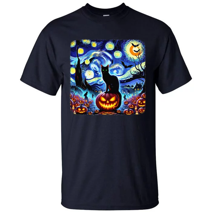 Halloween Van Gogh Starry Night Black Cat Pumpkins Bats Gift Tall T-Shirt