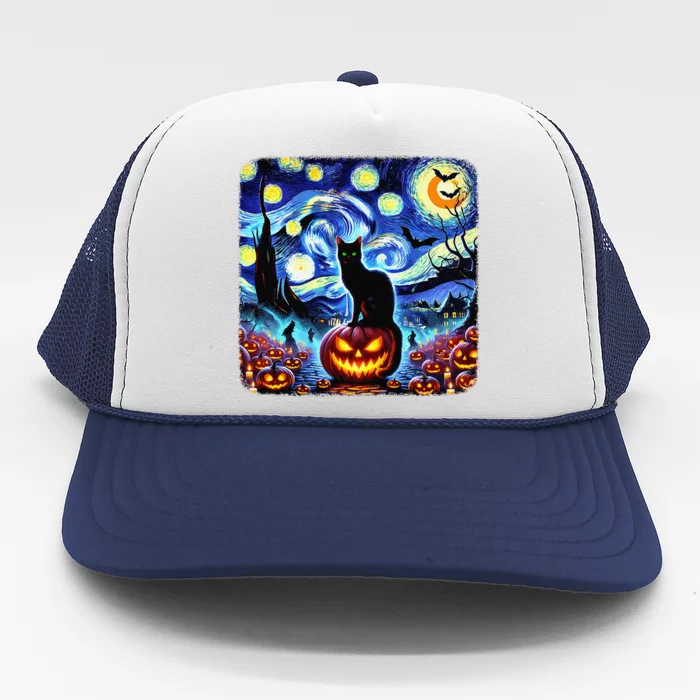 Halloween Van Gogh Starry Night Black Cat Pumpkins Bats Gift Trucker Hat