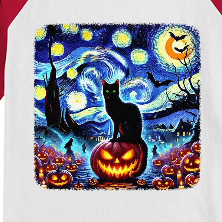 Halloween Van Gogh Starry Night Black Cat Pumpkins Bats Gift Kids Colorblock Raglan Jersey