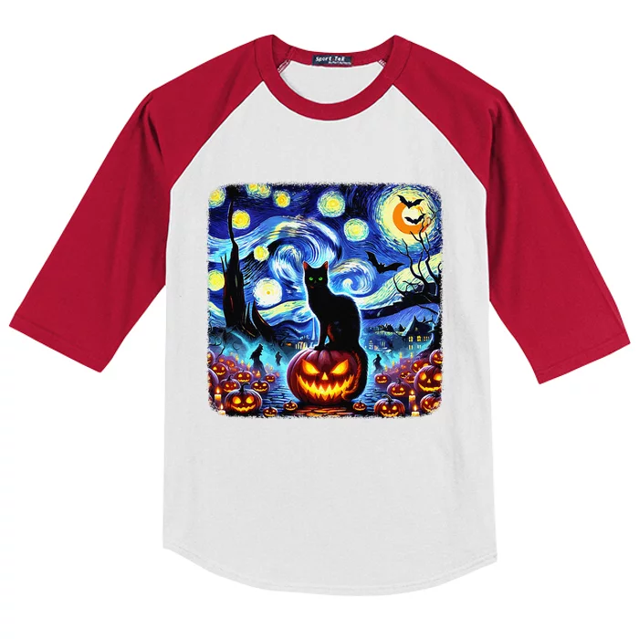 Halloween Van Gogh Starry Night Black Cat Pumpkins Bats Gift Kids Colorblock Raglan Jersey