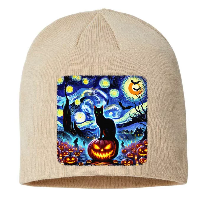 Halloween Van Gogh Starry Night Black Cat Pumpkins Bats Gift 8 1/2in Sustainable Knit Beanie