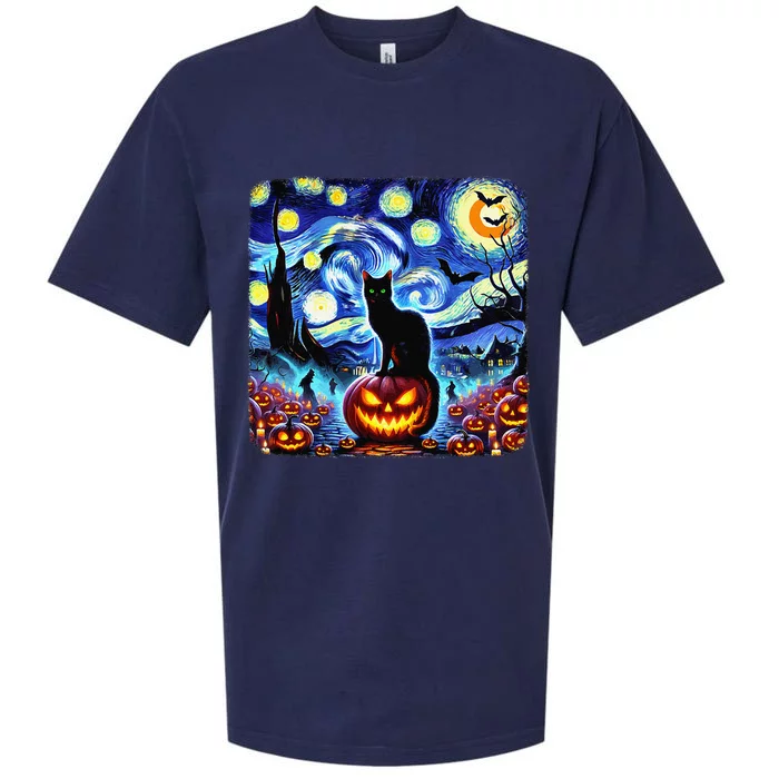 Halloween Van Gogh Starry Night Black Cat Pumpkins Bats Gift Sueded Cloud Jersey T-Shirt