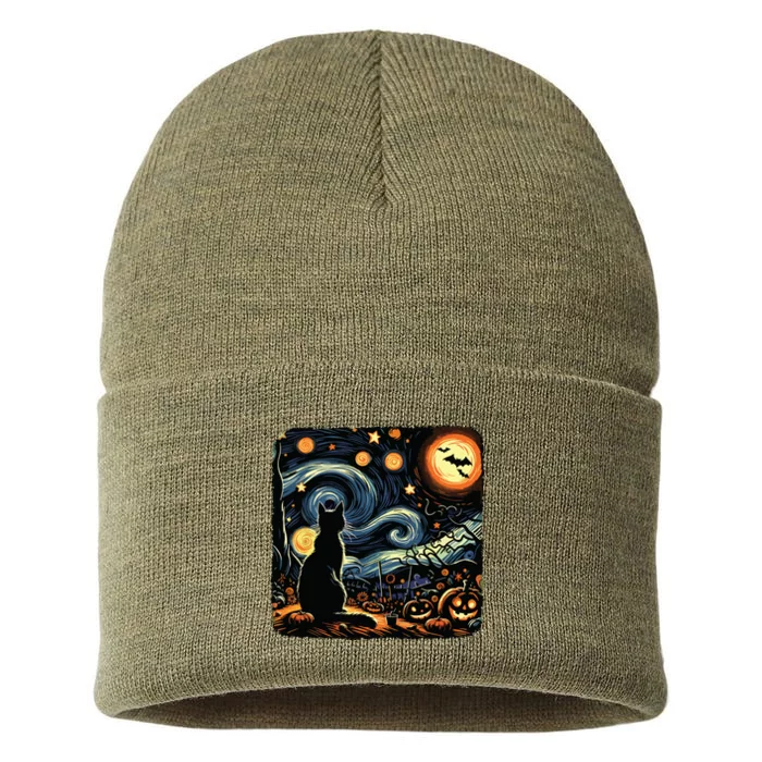 Halloween Van Gogh Starry Night Black Cat Pumpkins Bats Sustainable Knit Beanie