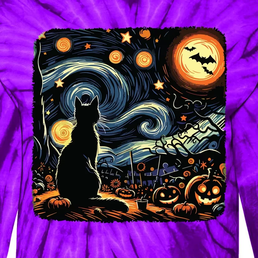 Halloween Van Gogh Starry Night Black Cat Pumpkins Bats Tie-Dye Long Sleeve Shirt