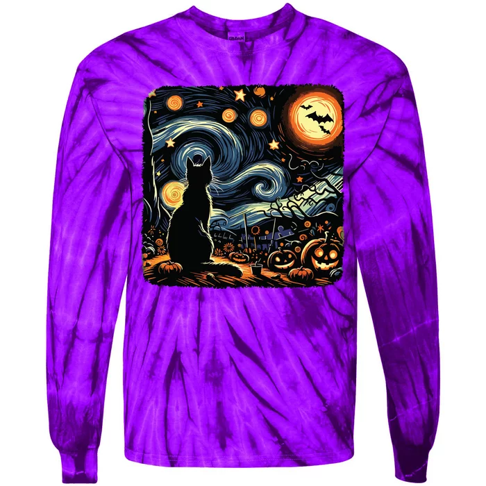 Halloween Van Gogh Starry Night Black Cat Pumpkins Bats Tie-Dye Long Sleeve Shirt