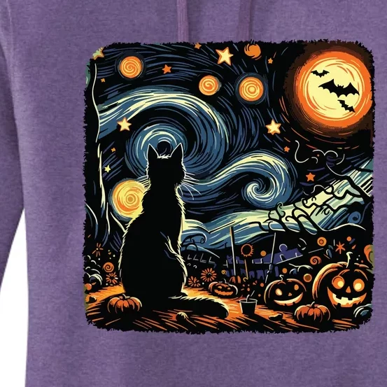 Halloween Van Gogh Starry Night Black Cat Pumpkins Bats Women's Pullover Hoodie