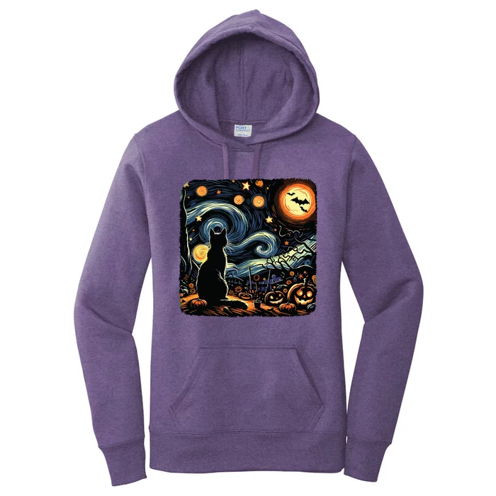 Halloween Van Gogh Starry Night Black Cat Pumpkins Bats Women's Pullover Hoodie