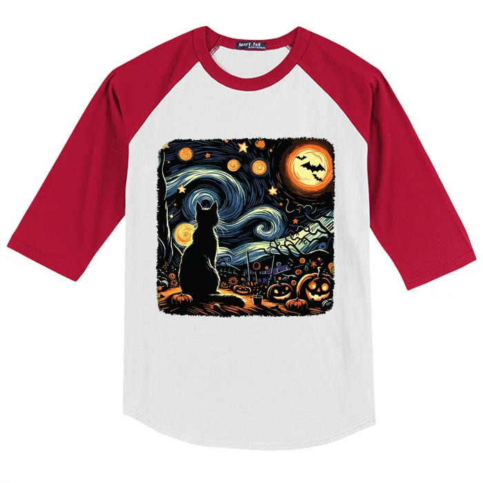 Halloween Van Gogh Starry Night Black Cat Pumpkins Bats Kids Colorblock Raglan Jersey