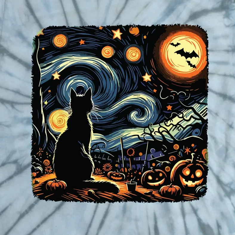 Halloween Van Gogh Starry Night Black Cat Pumpkins Bats Tie-Dye T-Shirt