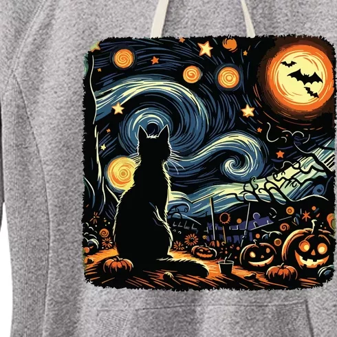 Halloween Van Gogh Starry Night Black Cat Pumpkins Bats Women's Fleece Hoodie