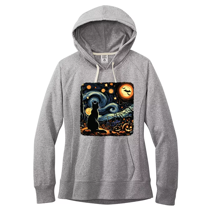 Halloween Van Gogh Starry Night Black Cat Pumpkins Bats Women's Fleece Hoodie