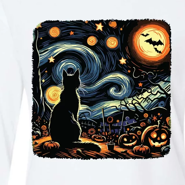 Halloween Van Gogh Starry Night Black Cat Pumpkins Bats Womens Cotton Relaxed Long Sleeve T-Shirt