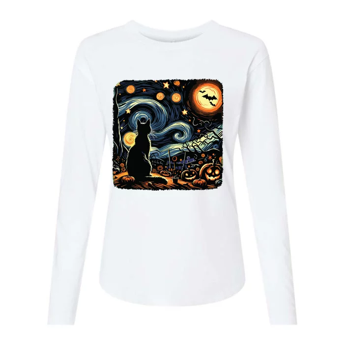 Halloween Van Gogh Starry Night Black Cat Pumpkins Bats Womens Cotton Relaxed Long Sleeve T-Shirt