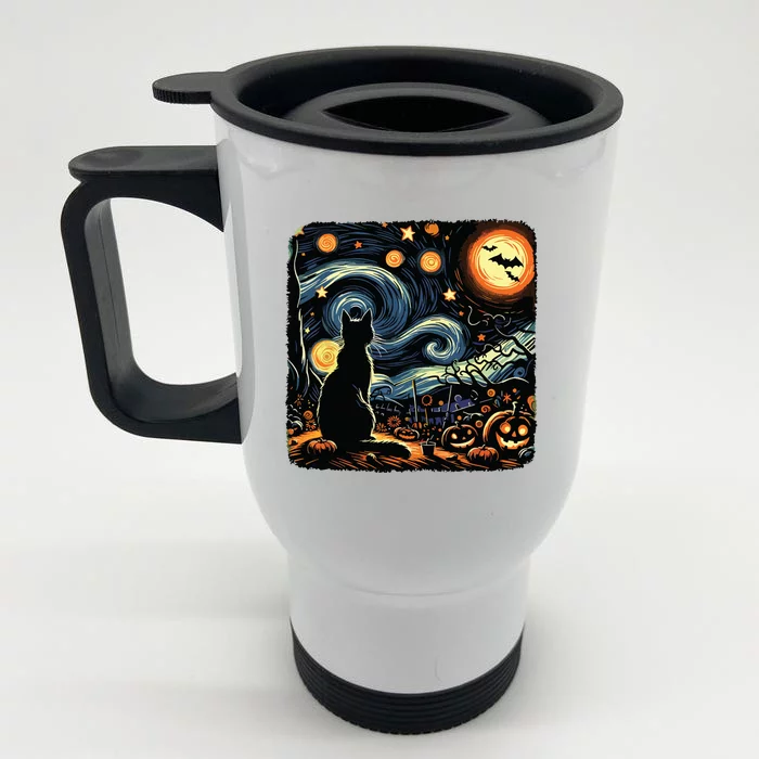 Halloween Van Gogh Starry Night Black Cat Pumpkins Bats Front & Back Stainless Steel Travel Mug