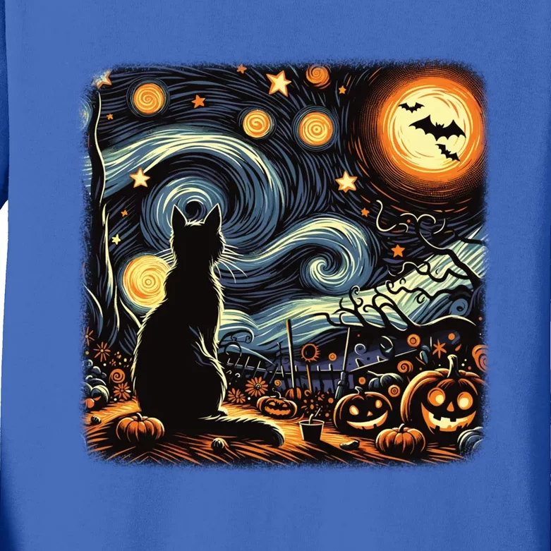 Halloween Van Gogh Starry Night Black Cat Pumpkins Bats Gift Kids Long Sleeve Shirt