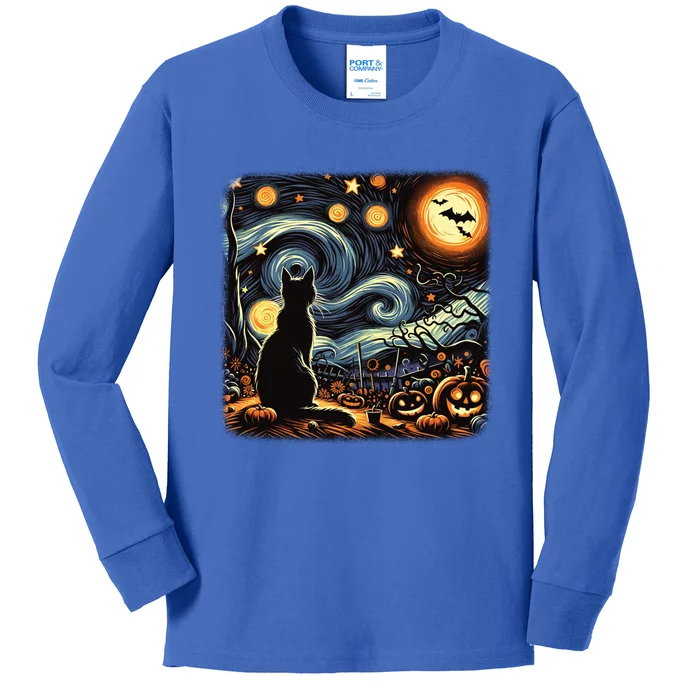 Halloween Van Gogh Starry Night Black Cat Pumpkins Bats Gift Kids Long Sleeve Shirt