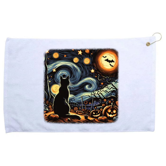 Halloween Van Gogh Starry Night Black Cat Pumpkins Bats Gift Grommeted Golf Towel