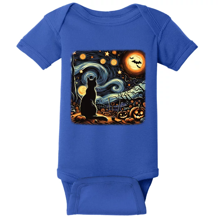 Halloween Van Gogh Starry Night Black Cat Pumpkins Bats Gift Baby Bodysuit