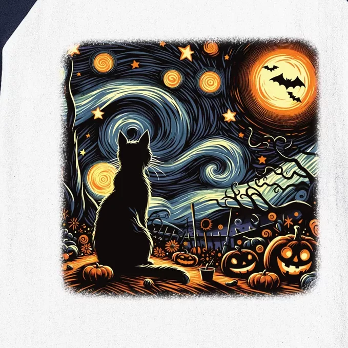 Halloween Van Gogh Starry Night Black Cat Pumpkins Bats Gift Baseball Sleeve Shirt