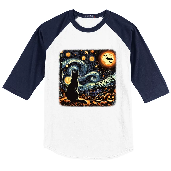 Halloween Van Gogh Starry Night Black Cat Pumpkins Bats Gift Baseball Sleeve Shirt