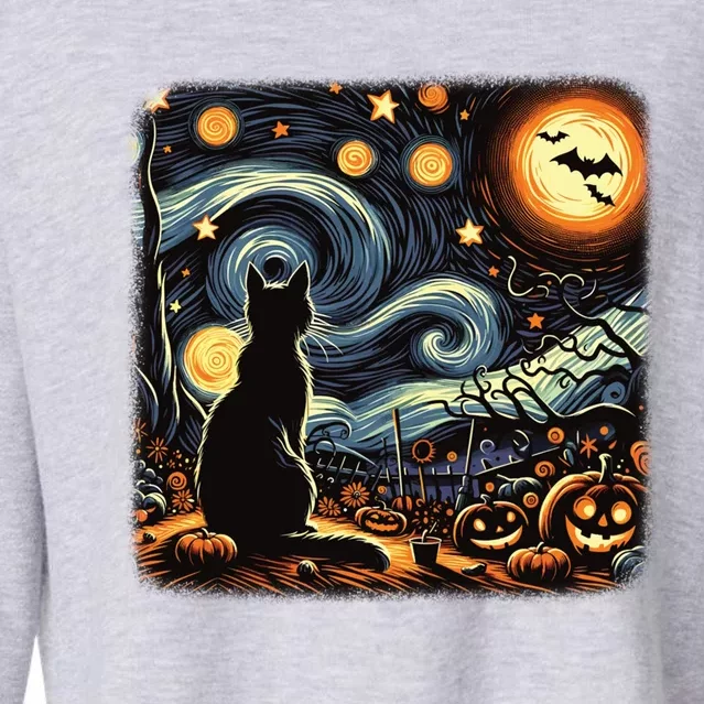 Halloween Van Gogh Starry Night Black Cat Pumpkins Bats Gift Cropped Pullover Crew