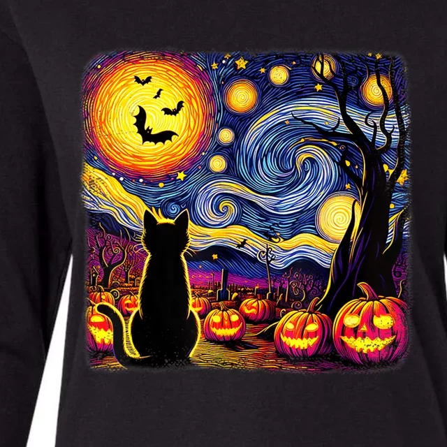 Halloween Van Gogh Starry Night Black Cat Pumpkins Bats Cute Gift Womens Cotton Relaxed Long Sleeve T-Shirt